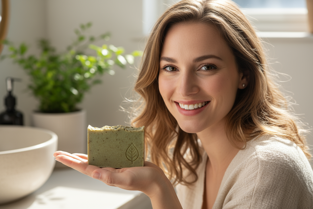 Femme souriante tenant un savon